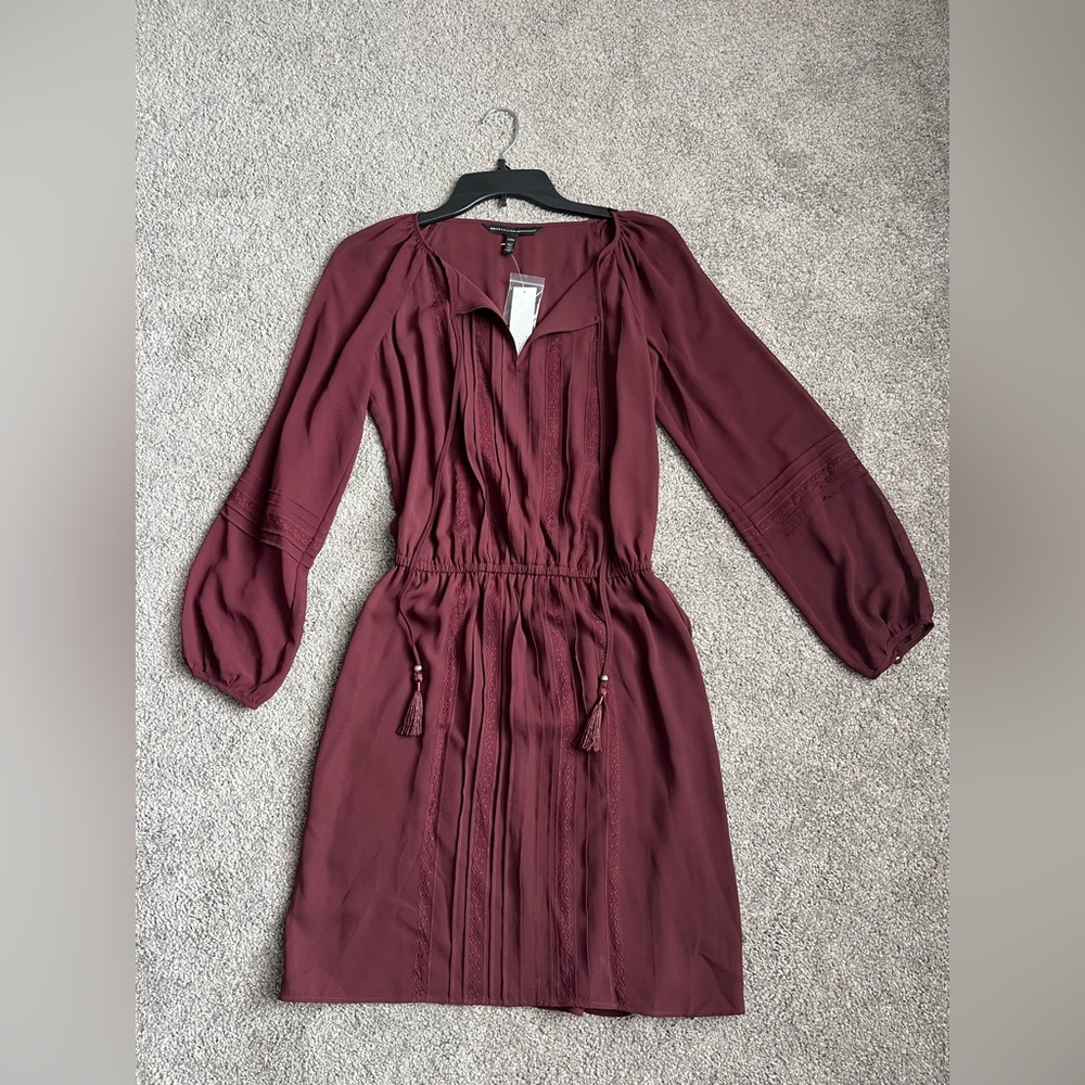 Beautiful WHBM Flowy Burgundy Dress with Tassel Details
